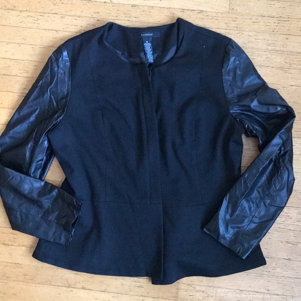 Black leather-armed jacket